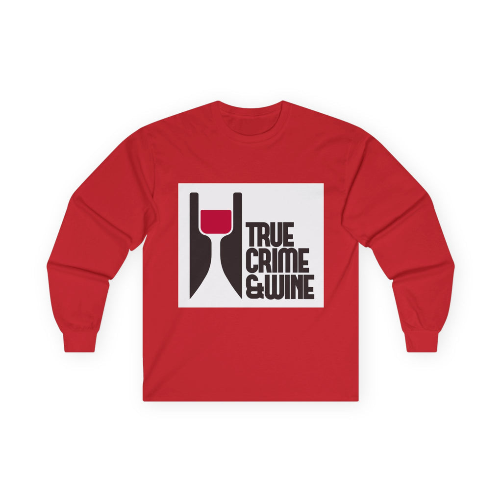 Unisex True Crime & Wine Long Sleeve Tee, Cozy Graphic Shirt, Gift for Wine Lovers, True Crime Fans, Fun Casual Wear, Halloween Apparel